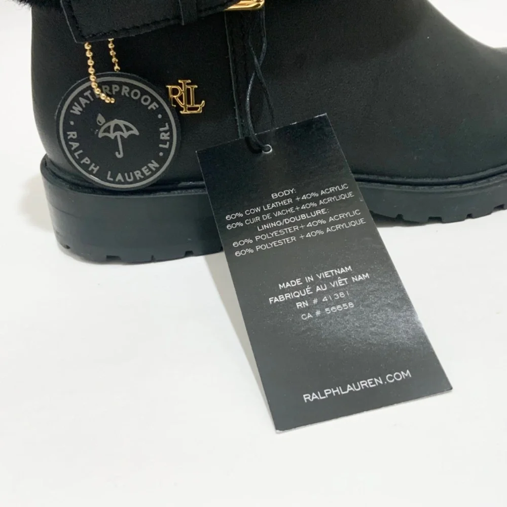 Ralph Lauren Evanston Waterproof Black Leather Winter Warm Fur Moto Boots 7